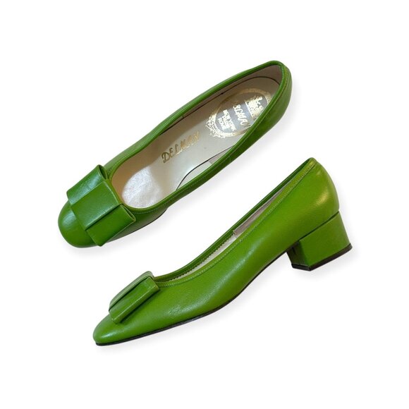 Vintage 60s Delman Mod Green Bow Leather Pumps – Size 6.5 AA – Deadstock Rare - Picture 1 of 16